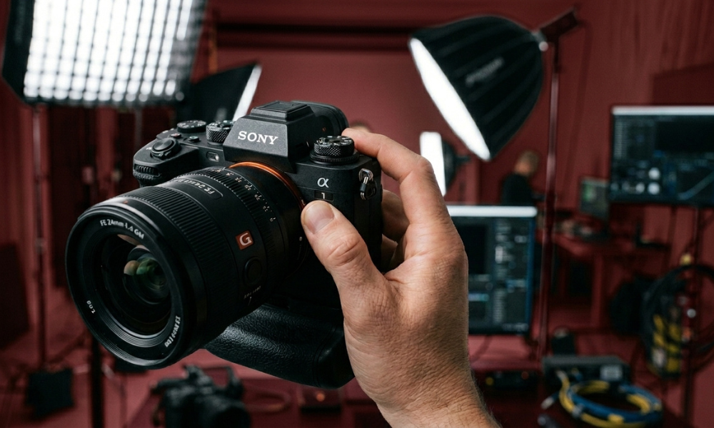 | Canon vs Nikon vs Sony: Best Camera Brand for Beginners & Pros (2026) Studio product view of a user holding a Sony Alpha mirrorless camera equipped with a G Master lens