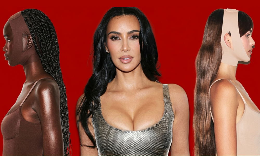 | SKIMS Bodysuit: The Complete Guide to Kim Kardashian's $5 Billion Shapewear Empire (2026) Kim Kardashian posing with models demonstrating skin tones matching skincare cosmetics and lifting chin bands