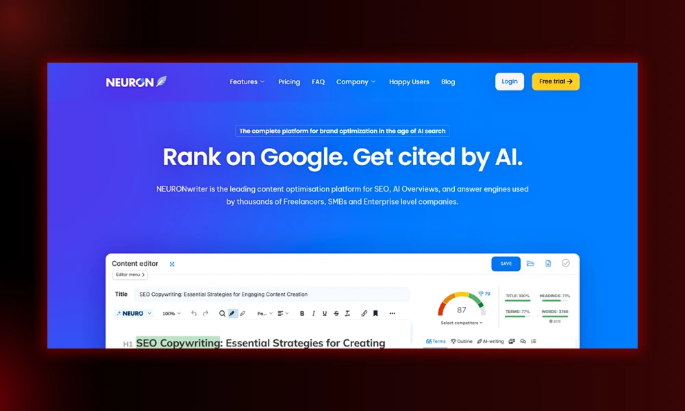 | 30 Best SEO Tools in 2026 (Free + Paid), Built for the Post-Core-Update Web NEURONWriter content editor workspace showcasing real time optimization scores for Google and AI search engines