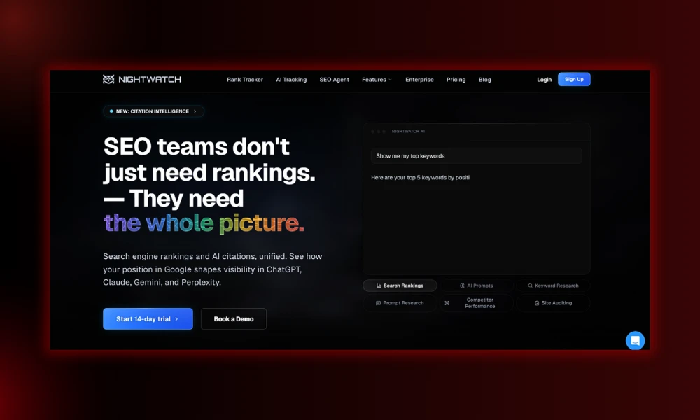 | 30 Best SEO Tools in 2026 (Free + Paid), Built for the Post-Core-Update Web Nightwatch rank tracker dashboard highlighting unified search engine rankings position charts and AI citation intelligence