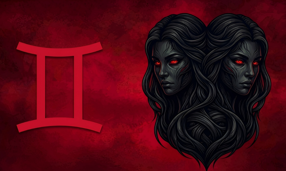 | Zodiac Signs: The Complete Guide to Astrology, Dates, Traits, and Horoscopes (2026) The twin faces of Gemini rendered in a dark silhouette style with red eyes next to the red Gemini symbol