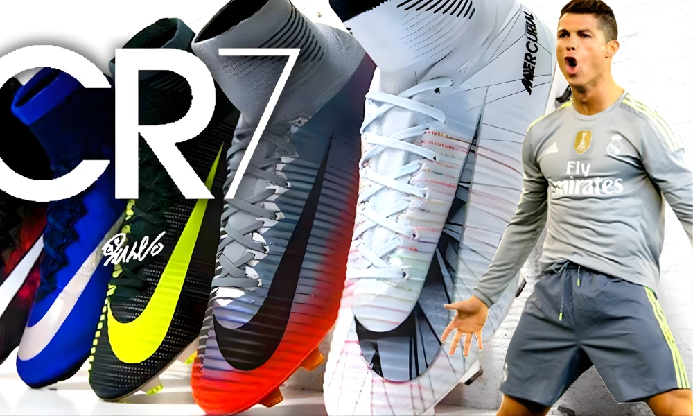 | CR7: The Complete Guide to Cristiano Ronaldo's Brand Empire (2026) A sequential lineup of signature Nike Mercurial CR7 football boots showcasing custom colors