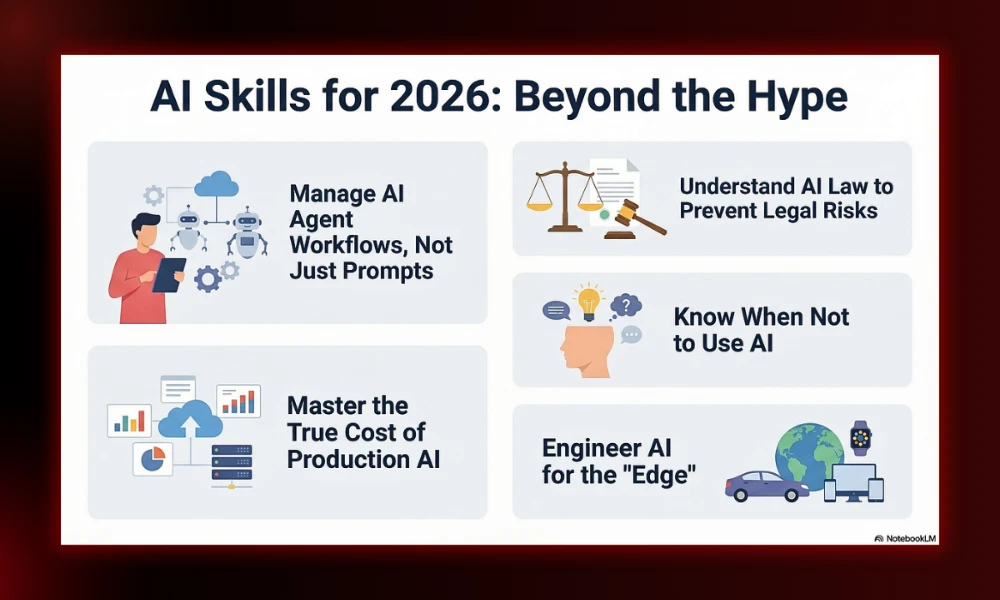 A technical workflow infographic charting essential AI management skills beyond the hype for 2026
