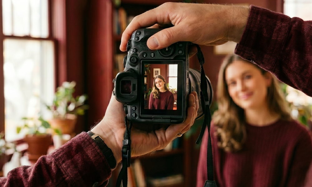 | Canon vs Nikon vs Sony: Best Camera Brand for Beginners & Pros (2026) Behind the camera view of a user taking a portrait photograph using a Canon EOS mirrorless camera