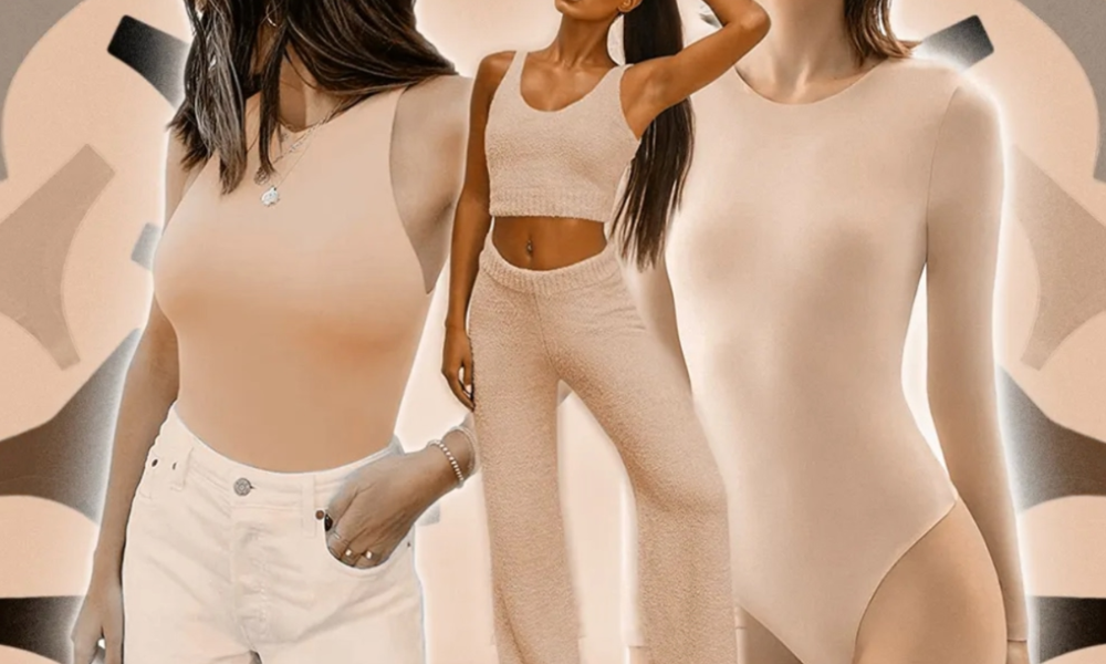 | SKIMS Bodysuit: The Complete Guide to Kim Kardashian's $5 Billion Shapewear Empire (2026) A side by side product evaluation comparing a neutral short-sleeve bodysuit top with its side profile silhouette