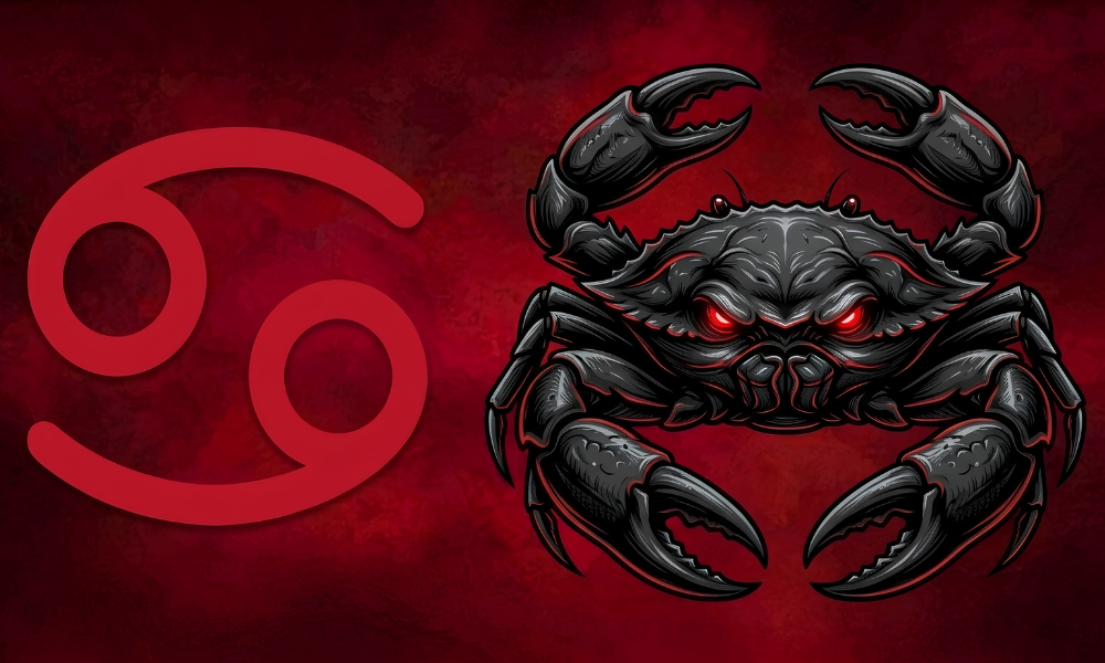| Zodiac Signs: The Complete Guide to Astrology, Dates, Traits, and Horoscopes (2026) A black Cancer crab graphic with sharp claws and glowing eyes positioned next to the red Cancer astrological glyph