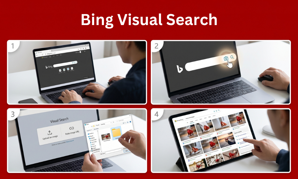 | How to Find the Original Source of an Image A four step hardware sequence walkthrough mapping how to execute a Bing Visual Search lookup using file upload and touch screen matching controls