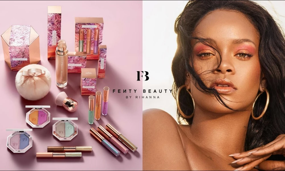 | Fenty Beauty: The Complete Guide to Rihanna's $2.8 Billion Beauty Empire (2025) A retail presentation display comparing Fenty Beauty cosmetic palettes next to a brand campaign close up