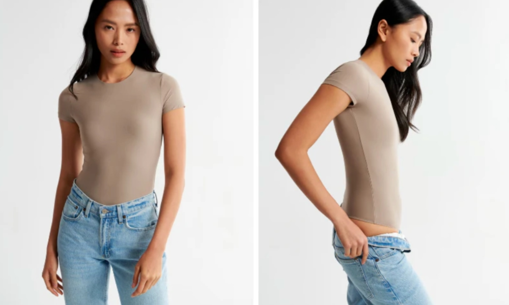 | SKIMS Bodysuit: The Complete Guide to Kim Kardashian's $5 Billion Shapewear Empire (2026) Product display photo contrasting a pastel purple crew neck bodysuit with a sky blue short sleeve silhouette variant