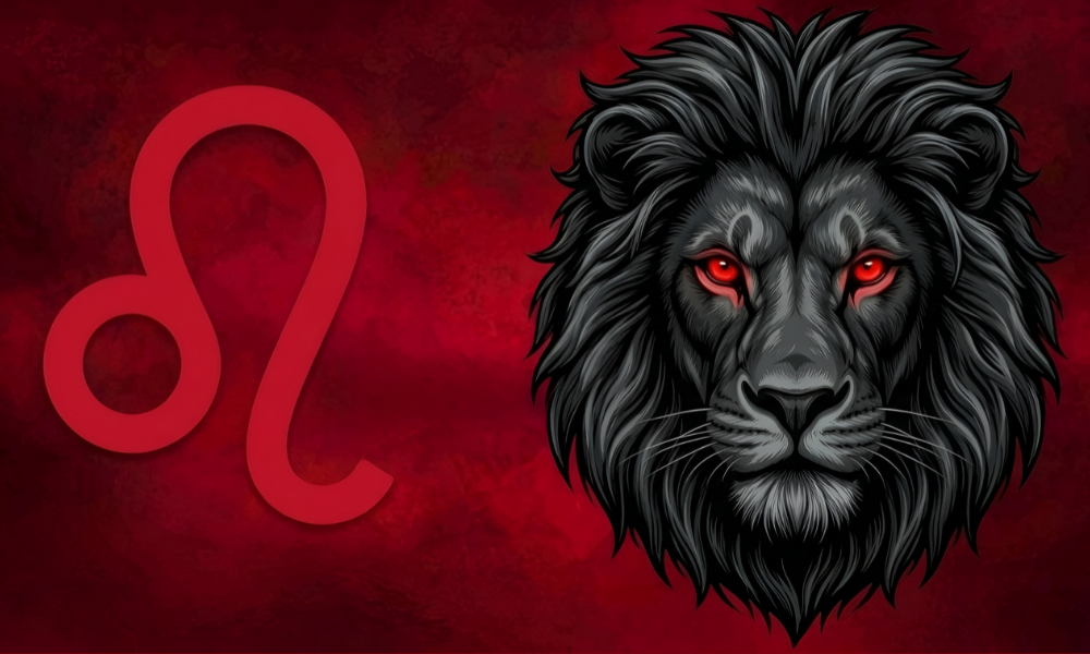 | Zodiac Signs: The Complete Guide to Astrology, Dates, Traits, and Horoscopes (2026) A fierce black Leo lion head with a thick dark mane next to the red Leo astrological glyph on a textured backdrop