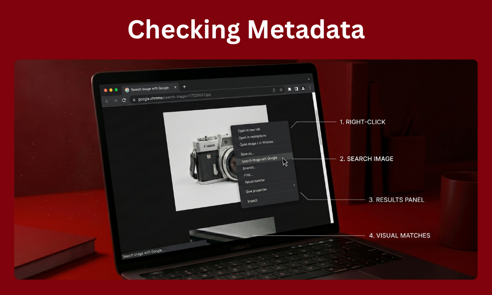 | How to Find the Original Source of an Image A split layout contrasting a desktop browser right click context menu search command with an open EXIF metadata file viewer application panel