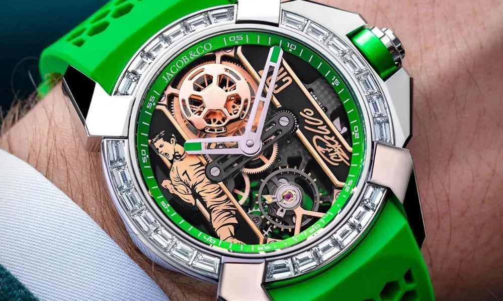 | CR7: The Complete Guide to Cristiano Ronaldo's Brand Empire (2026) Macro close up view of the luxury Jacob and Co Epic X CR7 watch featuring a vibrant green strap