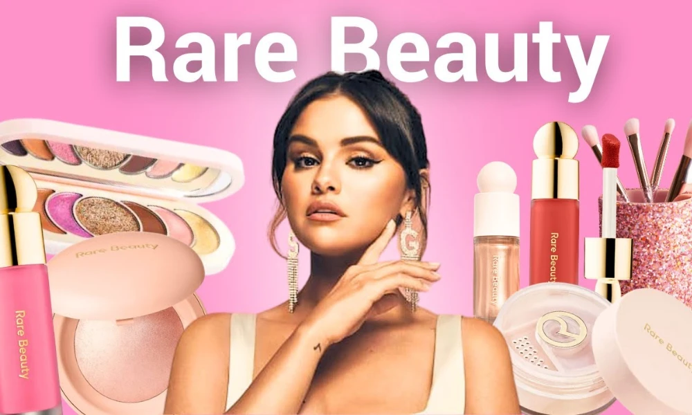 | Rare Beauty: How Selena Gomez Built a $2.7 Billion Beauty Empire on Mental Health & Authenticity Sleek cosmetic product range presentation layout showcasing Rare Beauty makeup palettes foundations and brushes