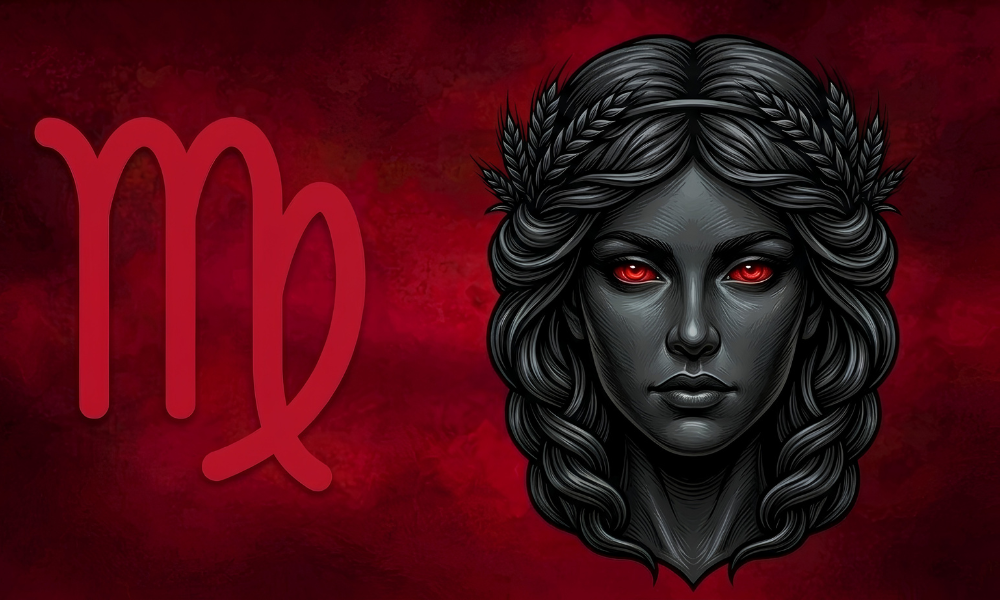 | Zodiac Signs: The Complete Guide to Astrology, Dates, Traits, and Horoscopes (2026) The profile of a Virgo maiden with a wheat wreath crown next to the red Virgo symbol on a dark background