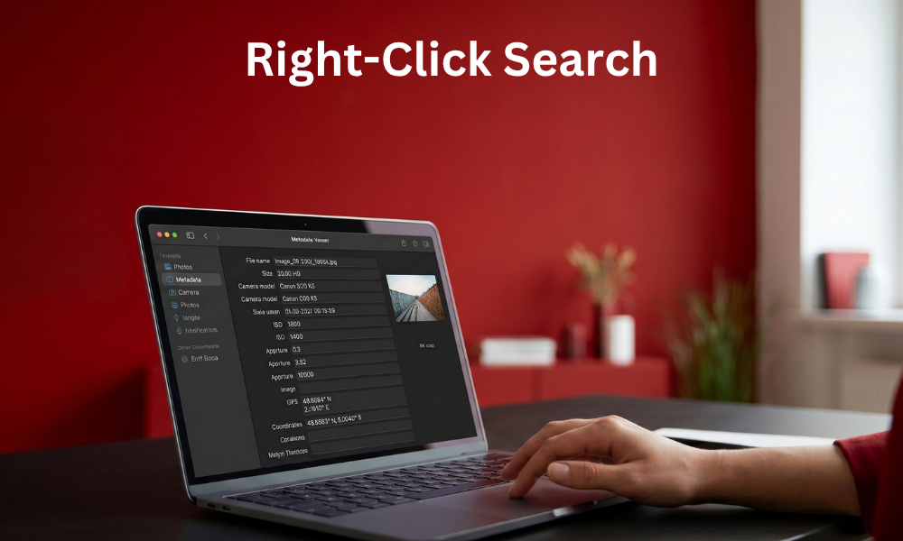 | How to Find the Original Source of an Image A laptop screen displaying the title Right-Click Search with a user hand operating the trackpad against a red backdrop