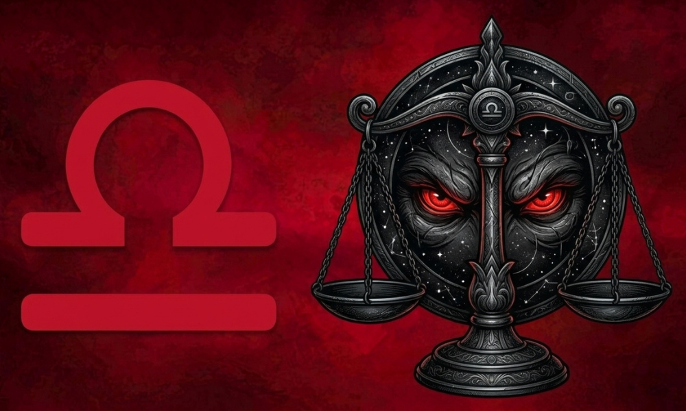 | Zodiac Signs: The Complete Guide to Astrology, Dates, Traits, and Horoscopes (2026) A mechanical Libra scale weighing mechanism featuring intense red eyes inside the center dial next to a red Libra symbol