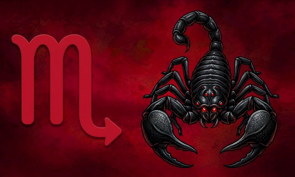 | Zodiac Signs: The Complete Guide to Astrology, Dates, Traits, and Horoscopes (2026) An overhead view of a black articulated Scorpio scorpion graphic alongside the red Scorpio astrological glyph