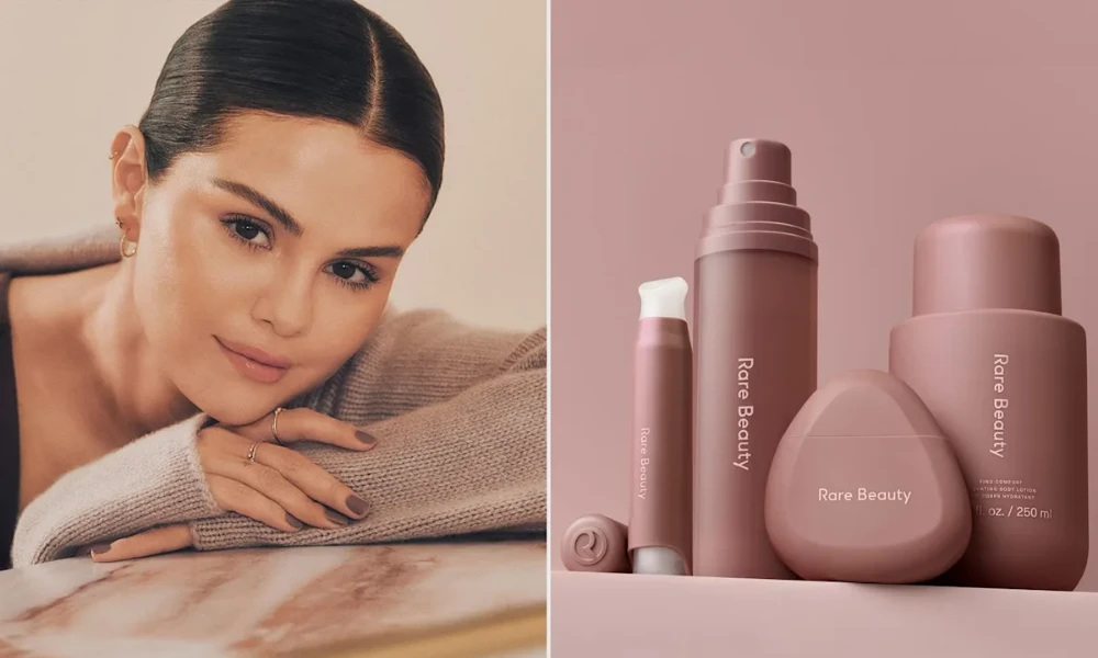 | Rare Beauty: How Selena Gomez Built a $2.7 Billion Beauty Empire on Mental Health & Authenticity Premium body lotion mist skincare line product packaging alongside Selena Gomez campaign imagery