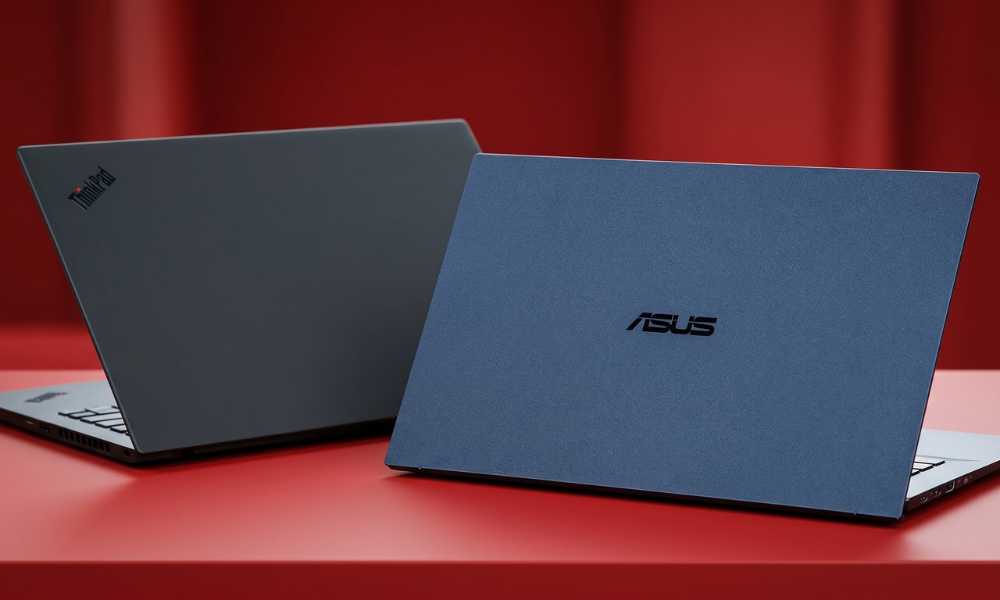| Lenovo vs. ASUS: The Ultimate Budget-to-Mid-Range Laptop Battle A matte black Lenovo ThinkPad laptop resting next to a midnight blue metallic ASUS notebook on a solid red surface