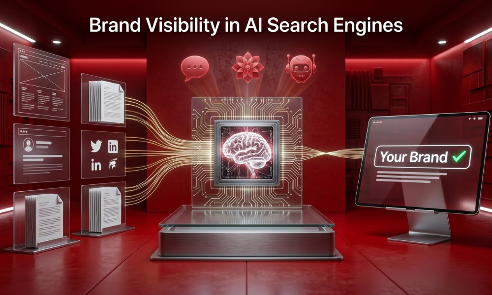 | Why Online Presence Management Became the Survival System for Modern Brands A modern red room backdrop featuring a digital brain processor showcasing brand visibility engineering within AI search engines.