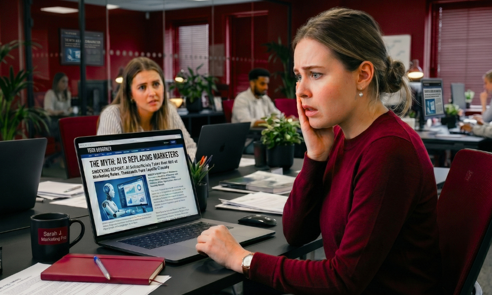 | The Digital Marketing Skills That Actually Compound in 2026 Concerned marketing professional reviewing an industry report on artificial intelligence replacing jobs