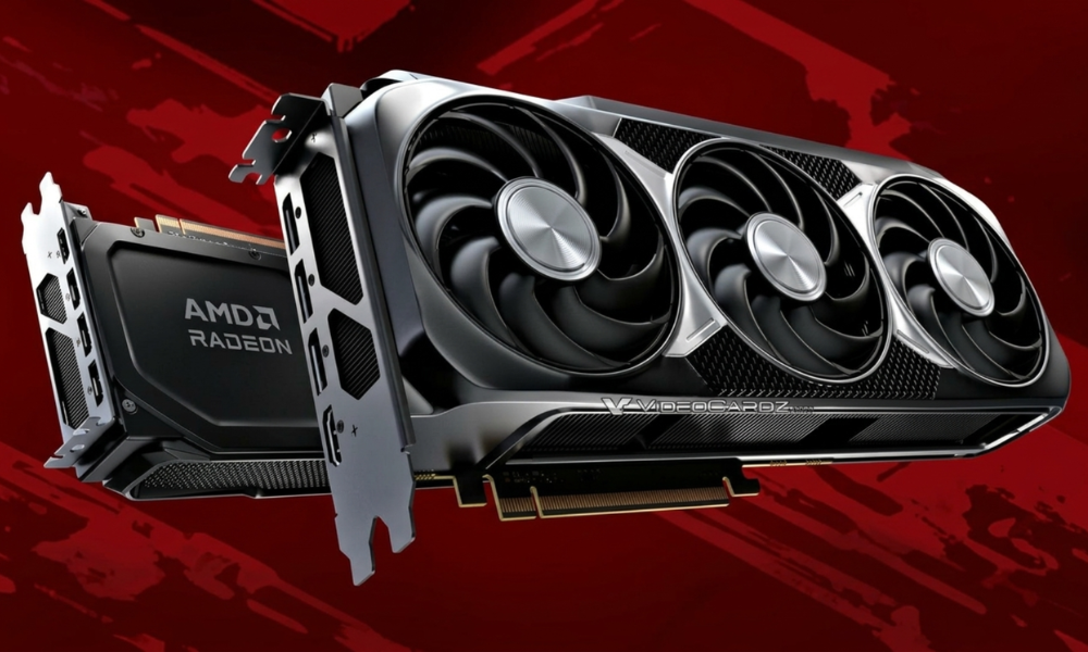 | Nvidia vs AMD GPU: Which One Gives the Best Value in 2026? Studio product shot of the AMD Radeon RX 9070 XT triple fan graphics card over a custom red background