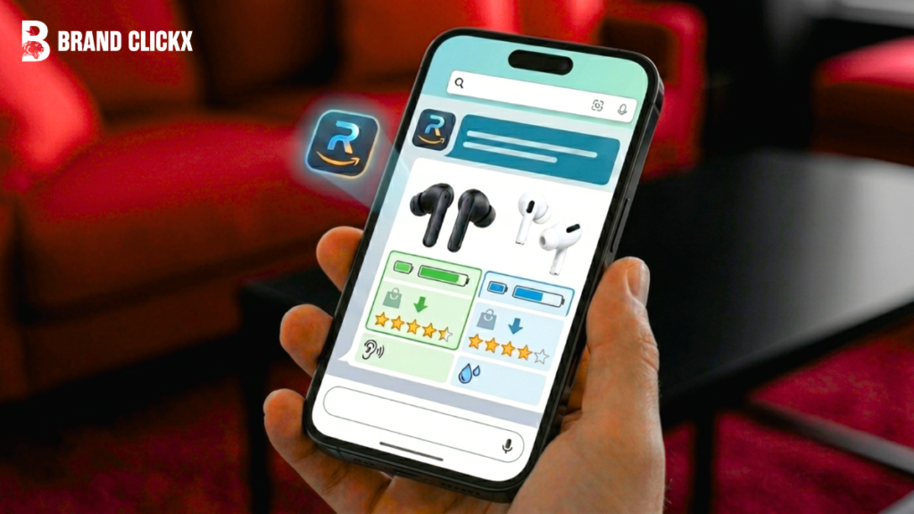 Amazon Rufus AI Shopping 2026 A smartphone interface displaying Amazon Rufus AI shopping assistant product listings and star ratings by BrandClickX