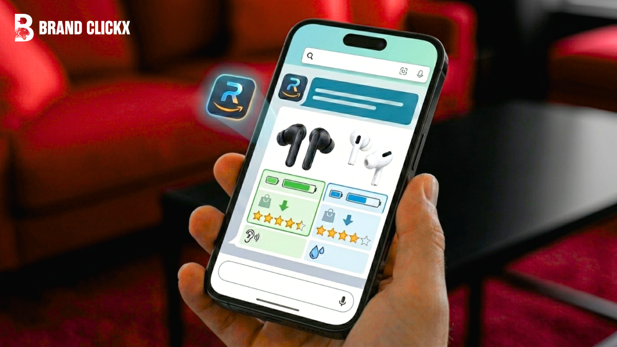 Amazon Rufus AI Shopping 2026 A smartphone interface displaying Amazon Rufus AI shopping assistant product listings and star ratings by BrandClickX