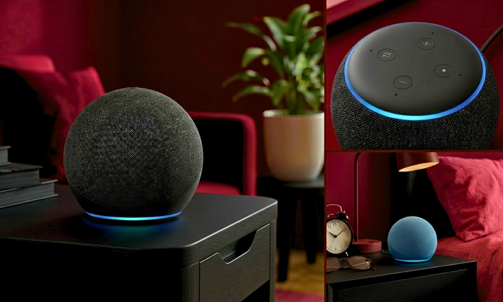 | Google Nest vs Amazon Echo: Which One Wins in 2026? Multi view layout of the spherical Amazon Echo Dot smart speaker featuring signature blue LED light rings
