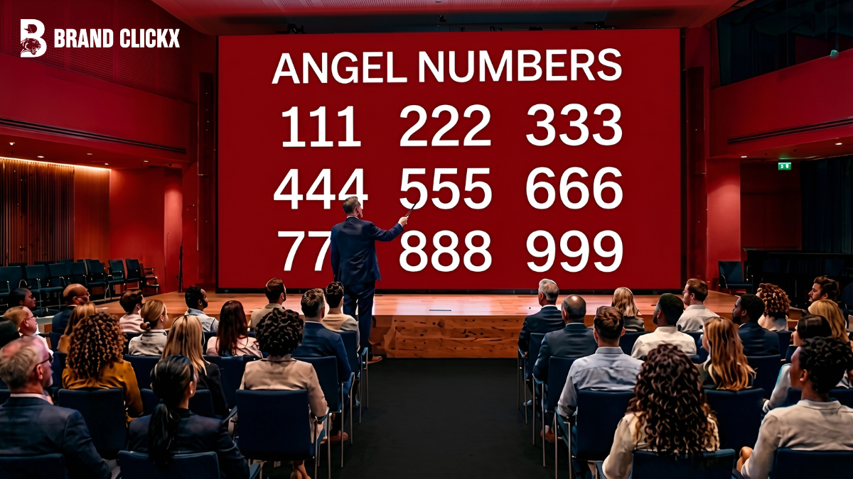 Angel Numbers An auditorium stage with a large screen displaying repeating angel numbers sequences from 111 to 999 by BrandClickX