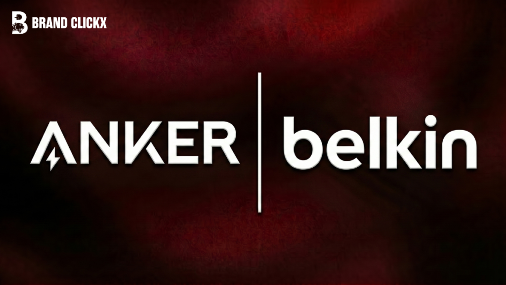 Anker vs Belkin Anker and Belkin corporate brand logos displayed side by side on a premium textured dark red background by BrandClickX