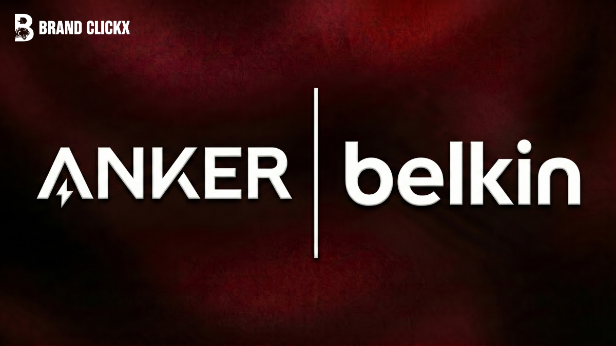 Anker vs Belkin Anker and Belkin corporate brand logos displayed side by side on a premium textured dark red background by BrandClickX