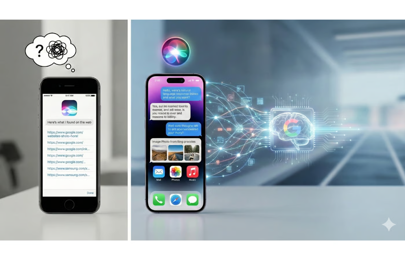 | iPhone 18 Leaks Reveal Apple’s Biggest AI Upgrade Yet A split layout dataset comparing traditional web text link lookups with a modern local microchip driven Siri AI agent assistant interface