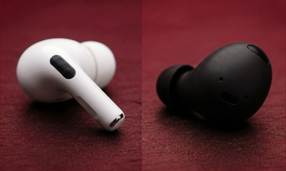| Apple vs. Samsung, Which Ecosystem Is Worth Your Money in 2026? Macro close up of Apple AirPods Pro 3 and Samsung Galaxy Buds 4 Pro wireless bluetooth earbuds