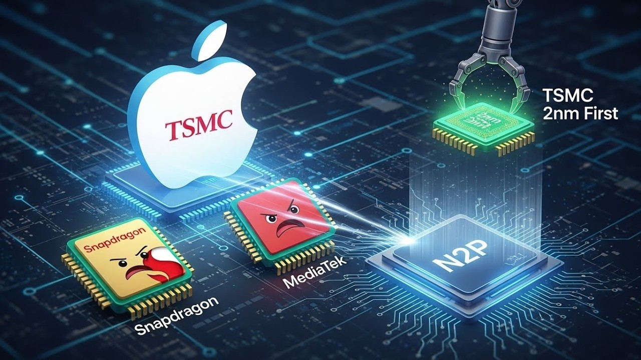 | iPhone 18 Leaks Reveal Apple’s Biggest AI Upgrade Yet A semiconductor engineering graphic showing a robotic arm positioning a TSMC 2nm first N2P microchip next to competitor Snapdragon and MediaTek processors