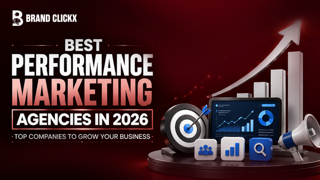 Artboard 12 The official Best Performance Marketing Agencies in 2026 feature banner displaying a laptop dashboard showing growth statistics under the BrandClickX logo