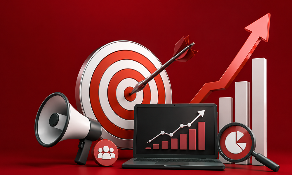 | Best Performance Marketing Agencies in 2026 for Business Growth A 3D marketing conceptual setup with a laptop displaying a rising bar graph arrow next to a large target board and a megaphone