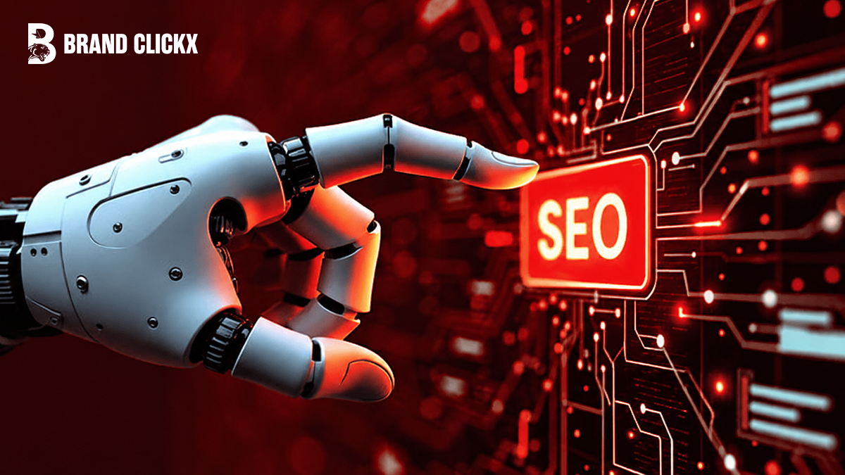 Artboard 14 Robotic hand interacting with a digital SEO interface for Brand Clickx.
