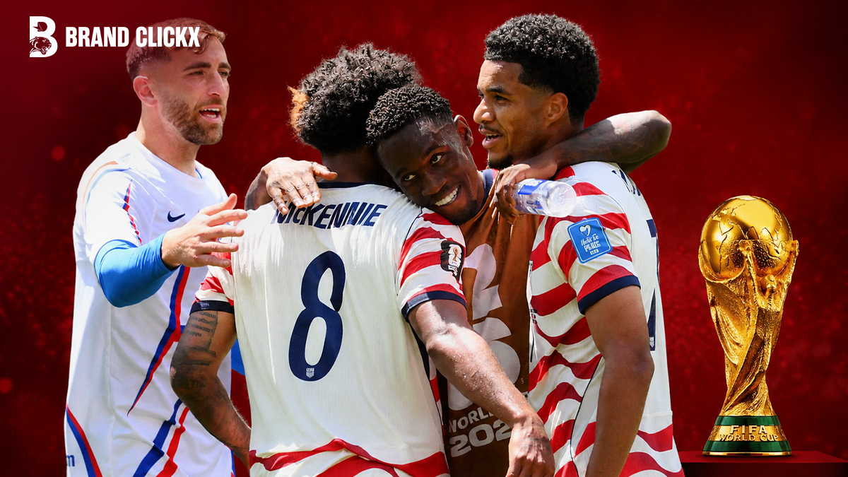 Artboard 16 US soccer team celebration during FIFA World Cup qualification, featuring the official trophy and BrandClickX branding