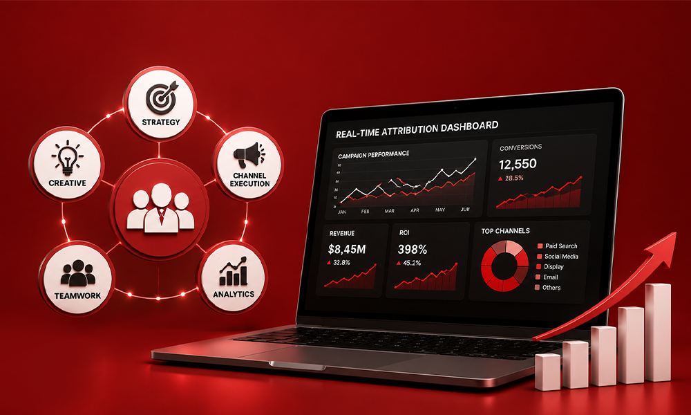 | Best Performance Marketing Agencies in 2026 for Business Growth A wide screen laptop console running a real-time attribution dashboard interface tracking marketing revenue conversions and ROI metrics