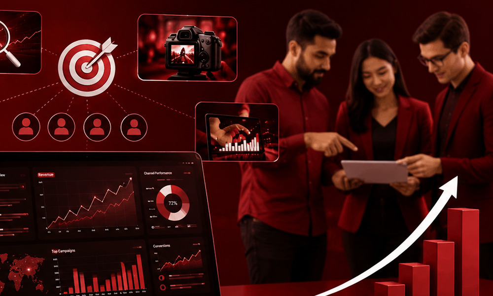 | Best Performance Marketing Agencies in 2026 for Business Growth A group of performance marketing operators in red suits analyzing growth campaign data and creative testing velocity on a tablet