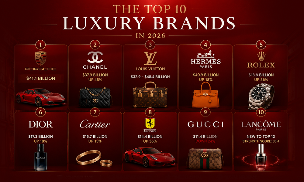 | Top 50 Luxury Brands in the World (2026 Ranking) Infographic of the top 10 luxury brands in 2026 by market value.