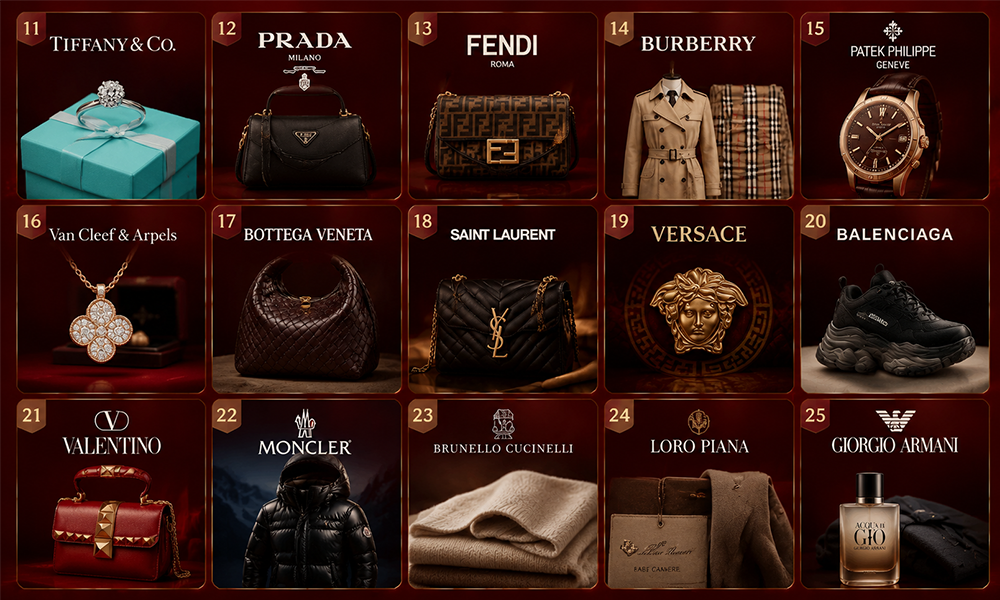 | Top 50 Luxury Brands in the World (2026 Ranking) Infographic listing luxury brands ranked from 11 to 25.
