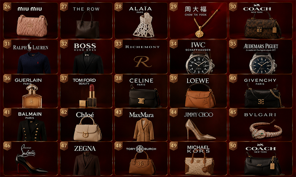 | Top 50 Luxury Brands in the World (2026 Ranking) Infographic listing luxury brands ranked from 26 to 50.