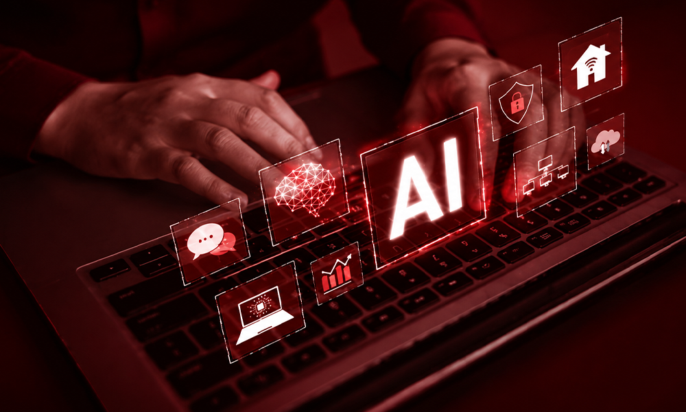 | AI SEO Explained: Optimize for AI Search, AI Agents & Google Hands typing on a laptop with holographic AI and technology icons.