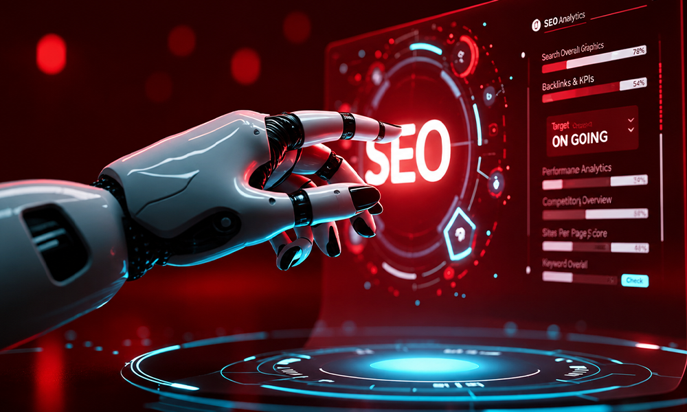 | AI SEO Explained: Optimize for AI Search, AI Agents & Google Robotic hand interacting with a digital SEO analytics dashboard.