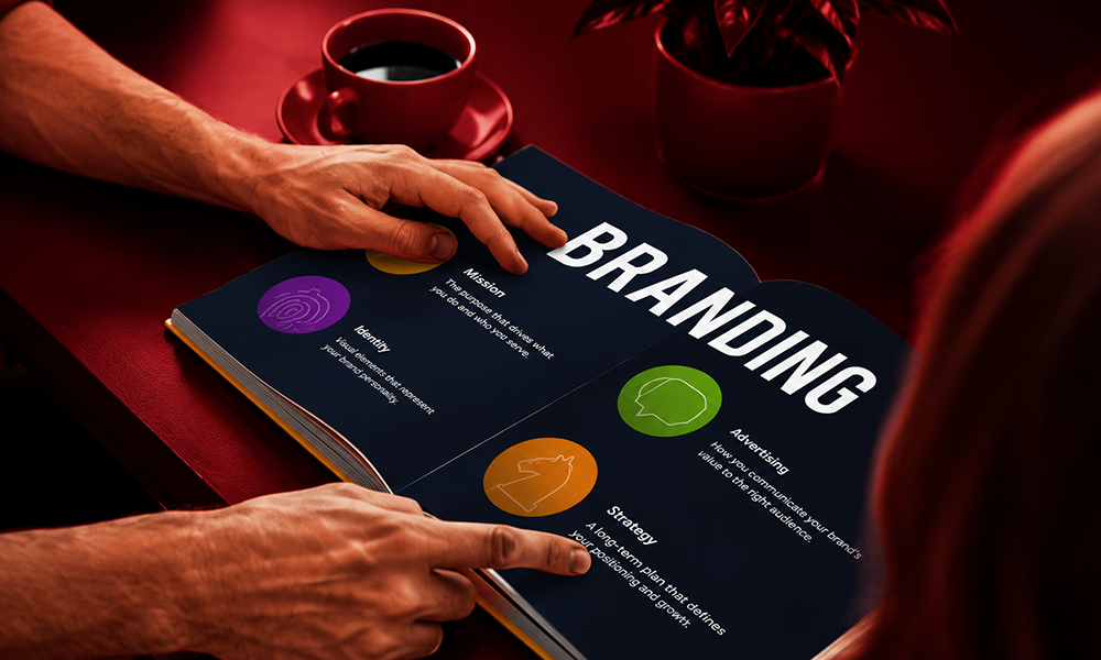 | What Is Brand Marketing? A Complete Beginner's Guide Person pointing to a branding guide document with color swatches.