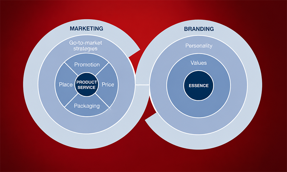 | What Is Brand Marketing? A Complete Beginner's Guide Diagram comparing marketing strategies with core branding essence.