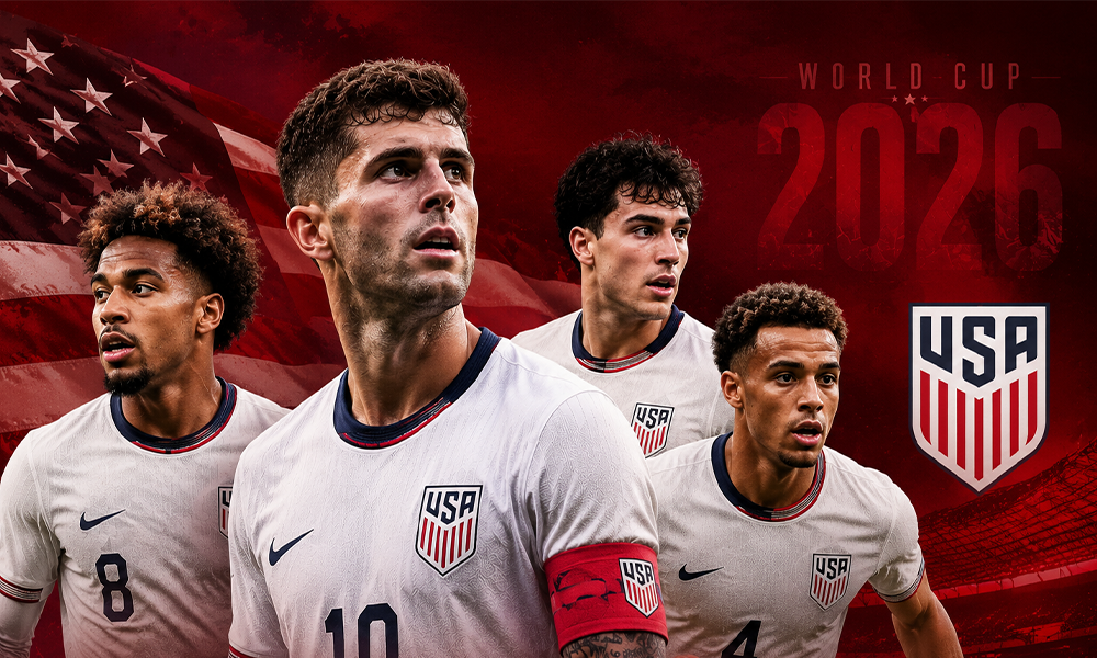 | When Is USA's Next World Cup Game? USMNT Round of 32 Schedule USMNT 2026 World Cup promotional graphic featuring Christian Pulisic and teammates in official USA white kits alongside the US Soccer logo