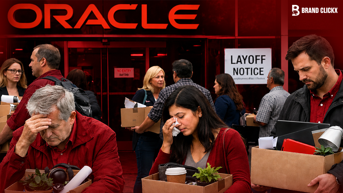 Laid-off employees holding boxes of personal belongings outside an Oracle facility entrance gate displaying a mass layoff notice sign by BrandClickX